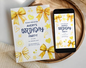 Yellow Bow Editable Birthday Invitation, Yellow Bow Theme, Coquette Bow Card, Yellow Ribbon Birthday Invite, Printable and Mobile Versions