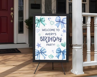 Blue Bow Birthday Welcome Sign, Editable Blue Bow Party Poster, Printable Birthday Sign, Blue Ribbon Party Decor, Three Sizes Available