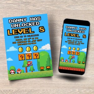 Retro Pixel Mario Nostalgic Video Game Birthday Party Invitation: Editable Canva Template, Printable and Mobile Versions