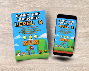Invito per festa di compleanno a tema Retro Pixel Mario, videogioco nostalgico: modello Canva modificabile, versioni stampabili e per dispositivi mobili