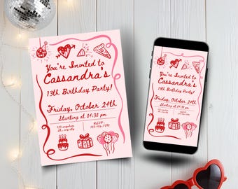 Bewerkbare roze handgetekende verjaardagsuitnodiging, verjaardagsuitnodiging voor kinderen en volwassenen, mooi in roze verjaardagskaart, afdrukbare en mobiele versies