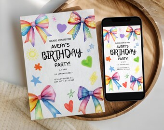 Rainbow Bow bewerkbare verjaardagsuitnodiging, Rainbow Bow thema, Coquette Bow Card, Rainbow Ribbon verjaardagsuitnodiging, afdrukbare en mobiele versies
