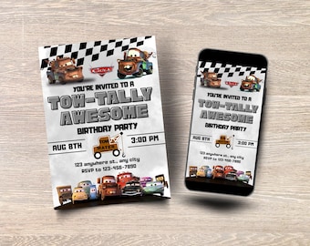 Pixar Cars Mater thema kinderverjaardagsuitnodiging, Lightning McQueen-uitnodiging, Gray Radiator Springs-kaart, afdrukbare en mobiele versies