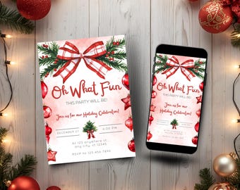 Christmas Party Invitation, Christmas Red Plaid Bow Invitation, Editable Red Ornament Holiday Invite Template, Printable and Mobile Versions