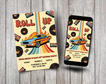 Retro throwback verjaardagsuitnodiging, vintage hot rod-feestuitnodiging, bewerkbare canvassjabloon jaren 70, afdrukbare en mobiele versies