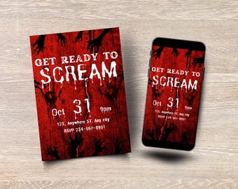 Bewerkbare Bloody Horror Halloween-uitnodiging, Scary 90s Killer Party-uitnodiging, uitnodiging voor Halloween-feest, afdrukbare en mobiele versies