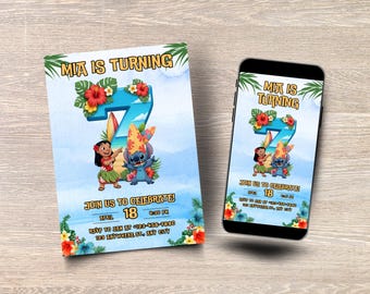 Lilo en Stitch 7e verjaardagsuitnodiging, Stitch verjaardagsuitnodiging, bewerkbare sjabloon, Beach Aloha Party uitnodiging, afdrukbaar en mobiel