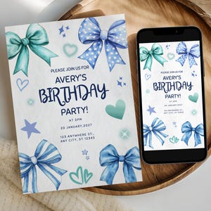Blue Bow Editable Birthday Invitation, Blue Bow Theme, Coquette Bow Card, Blue Ribbon Birthday Invite, Printable and Mobile Versions