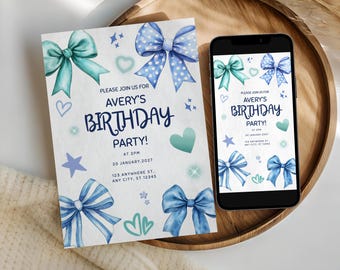 Blue Bow Editable Birthday Invitation, Blue Bow Theme, Coquette Bow Card, Blue Ribbon Birthday Invite, Printable and Mobile Versions