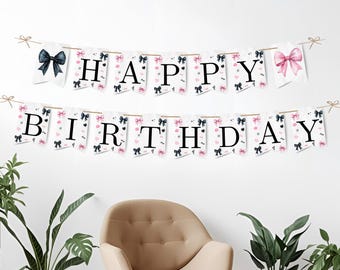 Faixa de aniversário editável com laço rosa e preto, faixa para festa de aniversário de menina, faixa com laço charmosa, decoração de festa editável e imprimível, bandeirolas