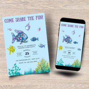 Może przedstawiać: Jasnoniebieskie zaproszenie i ekran smartfona wyświetlający to samo zaproszenie. Zaproszenie zawiera kolorowe akwarelowe ilustracje ryb oraz tekst "COME SHARE THE FUN!" i szczegóły wydarzenia.
