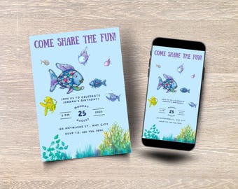 Verjaardagsuitnodiging Rainbow Fish: Under the Sea-feest, bewerkbare canvassjabloon (afdrukbare en mobiele versies)