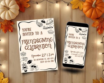Uitnodiging voor Friendsgiving-feest, herfst Friendsgiving-dineruitnodiging, Thanksgiving-feestkaart, afdrukbare en digitale versies