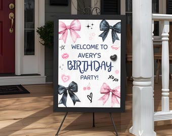 Roze en zwarte strik verjaardag welkomstbord, bewerkbare strik feestposter, afdrukbaar verjaardagsbord, roze en zwart lint feestdecor, drie maten