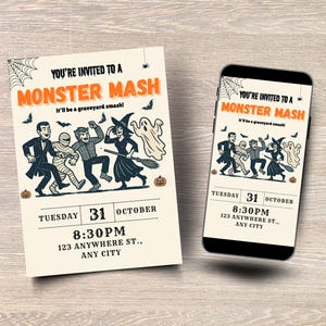 May include: Halloween party invitation with the text "YOU'RE INVITED TO A MONSTER MASH" and illustrations of monsters. The invitation is on a cream background with a spiderweb and bats. A smartphone displays the same invitation.