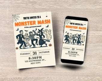 Retro Monster Mash-uitnodiging voor Halloween-feest: bewerkbare canvassjabloon (afdrukbaar en mobiel downloaden)