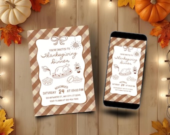 Thanksgiving Dinner Party Invitation, Editable Friendsgiving Invite, Hand Drawn Holiday Party Invite For Fall, Printable and Mobile Versions