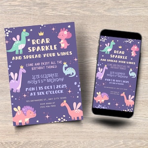 Fairy Dinosaur Birthday Invitation: Sparkle Dino Party, Editable Canva Template (Printable & Mobile Versions)