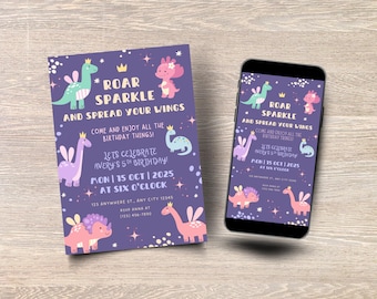 Fairy Dinosaur Birthday Invitation: Sparkle Dino Party, Editable Canva Template (Printable & Mobile Versions)