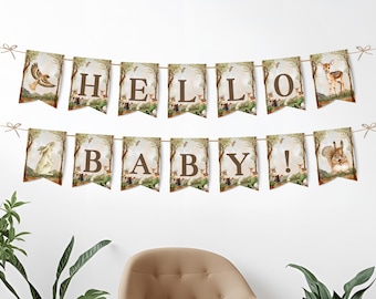 Woodland Animals Baby Shower Banner, Woodland Creatures Banner, Forest Baby Animals Banner, Editable and Printable Baby Shower Decor Bunting