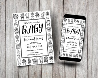 Uitnodiging babyshower cactus: modern zwart-wit, bewerkbare canvassjabloon (afdrukbaar en mobiel)