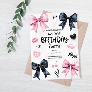 May include: A birthday party invitation with pink and black bows, hearts, and the text "PLEASE JOIN US FOR AVERY'S BIRTHDAY PARTY!" at 2 PM, January 20, 2027, at 123 Anywhere St, Any City, ST 12345. The invitation is on a white background.