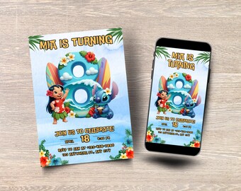 Lilo and Stitch 8e verjaardagsuitnodiging voor feest, Stitch verjaardagsuitnodiging, bewerkbare sjabloon, Beach Aloha Party uitnodiging, afdrukbaar en mobiel