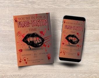 Vampier Halloween-uitnodigingssjabloon, Spooky Blood Splatter-feestuitnodiging, oranje kaart met vampiertanden, afdrukbare en mobiele versies