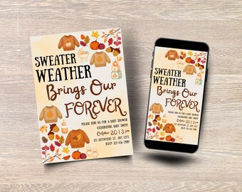 Op herfst en herfst geïnspireerde weersuitnodiging babyshower trui: bewerkbare canvassjabloon, afdrukbare en mobiele versies