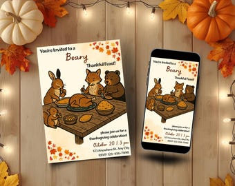 Woodland Animals Thanksgiving-uitnodiging, schattige herfst Friendsgiving-uitnodiging, bewerkbare herfstcanvasjabloon, afdrukbare en mobiele versies