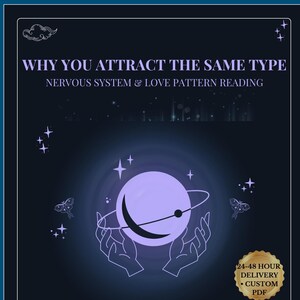 May include: A dark blue digital graphic titled WHY YOU ATTRACT THE SAME TYPE NERVOUS SYSTEM & LOVE PATTERN READING. It features a central light purple planet with a ring held by line-art hands, surrounded by stars and moths, with a gold seal.