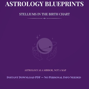May include: A purple digital download titled "ASTROLOGY BLUEPRINTS" with the subtitle "STELLIUMS IN THE BIRTH CHART." The image includes a graphic of a planet and hands, with the text "ASTROLOGY AS A MIRROR, NOT A MAP." It is an instant PDF download.