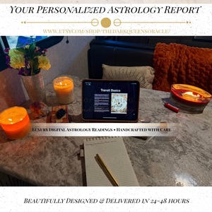 Pu&ograve; includere: Un iPad mostra un rapporto di astrologia "Transit Basics", circondato da candele, cristalli e un blocco note. Il testo recita "Il tuo rapporto di astrologia personalizzato" e "Letture di astrologia digitale di lusso - Realizzato a mano con cura."