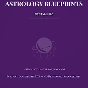 May include: A purple graphic with white text that reads "ASTROLOGY BLUEPRINTS" and "MODALITIES." Below is a graphic of a planet with hands and the text "ASTROLOGY AS A MIRROR, NOT A MAP." The text "INSTANT DOWNLOAD PDF - NO PERSONAL INFO NEEDED" is also present.