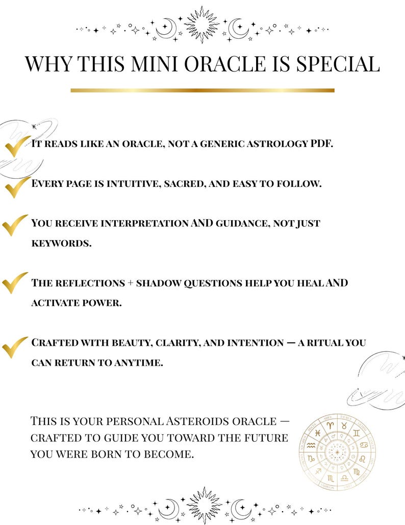Pu&ograve; includere: Grafica bianca con il testo "WHY THIS MINI ORACLE IS SPECIAL". Il testo descrive le caratteristiche dell'oracolo, tra cui pagine intuitive, guida e domande sull'ombra. Sono presenti anche elementi celesti decorativi e una ruota astrologica.