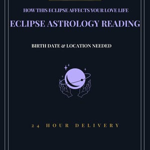 May include: Dark blue graphic with white text: "HOW THIS ECLIPSE AFFECTS YOUR LOVE LIFE" and "ECLIPSE ASTROLOGY READING". A purple planet graphic is held by two hands. Text: "BIRTH DATE & LOCATION NEEDED" and "24 HOUR DELIVERY".