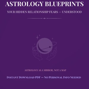 May include: A purple graphic with white text that reads "ASTROLOGY BLUEPRINTS" and "YOUR HIDDEN RELATIONSHIP FEARS - UNDERSTOOD." The image includes a celestial illustration and the text "ASTROLOGY AS A MIRROR, NOT A MAP."