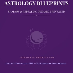 May include: A purple digital download titled "ASTROLOGY BLUEPRINTS" with the subtitle "SHADOW & REPEATING DYNAMICS REVEALED." The image includes a graphic of a planet and hands, and the text "ASTROLOGY AS A MIRROR, NOT A MAP."