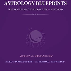 May include: A purple graphic with the title "ASTROLOGY BLUEPRINTS" in white text. The image includes the text "WHY YOU ATTRACT THE SAME TYPE - REVEALED" and "ASTROLOGY AS A MIRROR, NOT A MAP". The image also states "INSTANT DOWNLOAD PDF - NO PERSONAL INFO NEEDED".