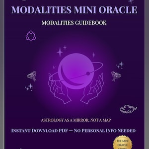 May include: A purple guidebook titled "Modalities Mini Oracle" with white text and celestial illustrations. The cover features a planet encircled by hands, stars, and the text "Astrology as a Mirror, Not a Map". The book is part of "The Mini Oracle Series".