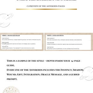 Pu&ograve; includere: Un'anteprima della guida "Inside the Asteroids Mini Oracle". L'immagine presenta testo che descrive il contenuto della guida, tra cui istinto, ombra, ferita, dono, integrazione, messaggio dell'oracolo e un invito guidato. Elementi celesti decorativi incorniciano il testo.