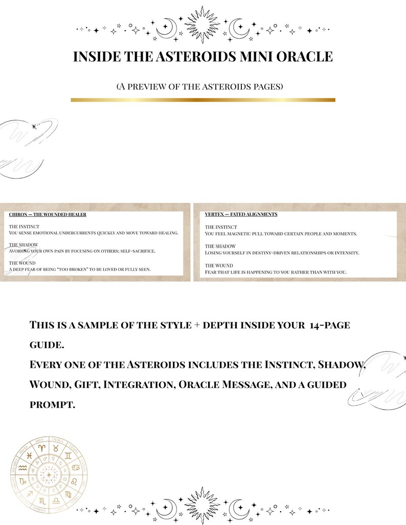 Pu&ograve; includere: Un'anteprima della guida "Inside the Asteroids Mini Oracle". L'immagine presenta testo che descrive il contenuto della guida, tra cui istinto, ombra, ferita, dono, integrazione, messaggio dell'oracolo e un invito guidato. Elementi celesti decorativi incorniciano il testo.