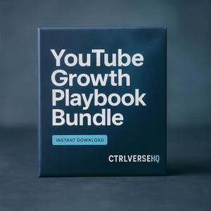 May include: A dark blue box with the words "YouTube Growth Playbook Bundle" in large white letters. Below, a smaller rectangle reads "INSTANT DOWNLOAD." The bottom right corner displays "CTRLVERSEHQ" in white.