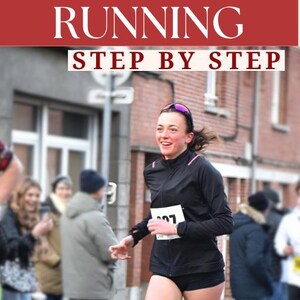 May include: A woman running in a race, wearing a black jacket, shorts, and white athletic shoes. The image has text that reads "RUNNING STEP BY STEP" and the author's name, "Louise DEL PINO". Spectators are visible in the background.