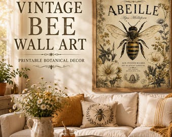 Vintage Bee Botanical Wall Art, French Country Farmhouse Print (Digital Download)
