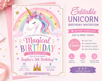 Editable Unicorn Birthday Invitation, Magical Rainbow Stars, Canva Template (Digital Download)