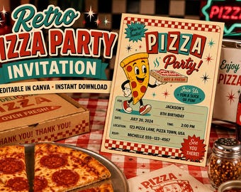 Retro Pizza Party Invitation Template | 1950s Diner Birthday Invite | Editable Canva | Digital Download