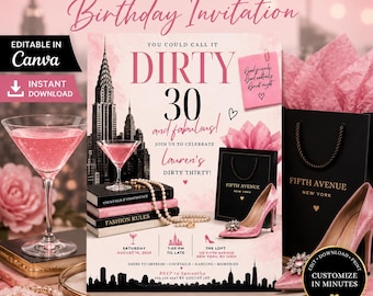 Dirty 30 Birthday Invitation | NYC Glam Pink Editable Canva Template | 30th Birthday Instant Download