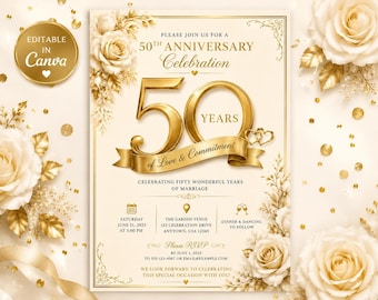 Editable 50th Anniversary Invitation, Golden Celebration Canva Template (5x7 Printable)
