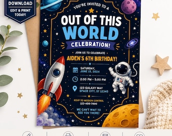 Space Birthday Invitation | Rocket Astronaut Party Template | Editable Canva Invite | Instant Download